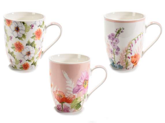 Porcelain mug decorater with flower and colored handle