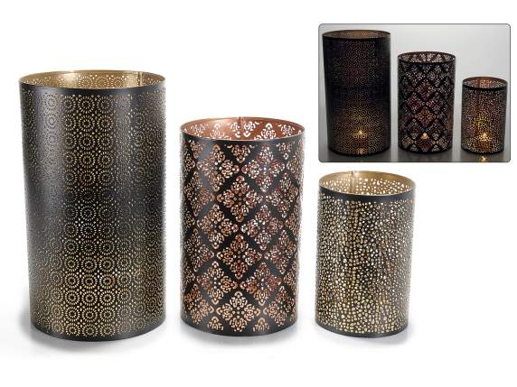 Set 3 portacandela in metallo intagliato, interno oro e rame