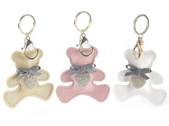 Portachiavi con pendente orsetto in ecopelle e deco strass