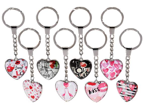 Portachiavi in metallo e vetro ciondolo cuore decori 