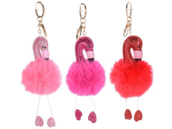 Portachiavi pompon charm con fenicottero e glitter