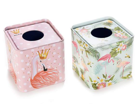 Portafazzoletti a cubo in metallo con decori fenicottero