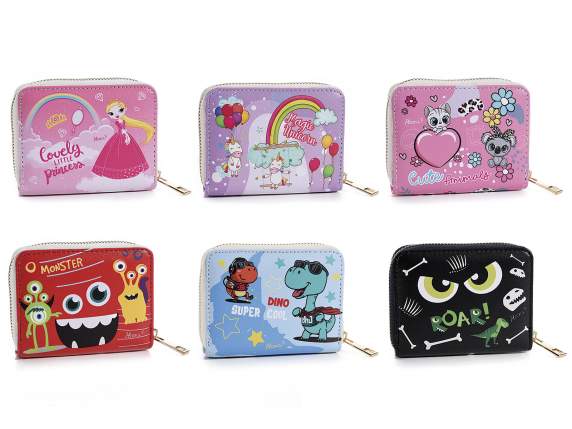 Portafoglio bimba-o in similpelle con zip e stampa Kids