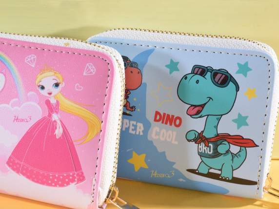 Portafoglio bimba-o in similpelle con zip e stampa Kids