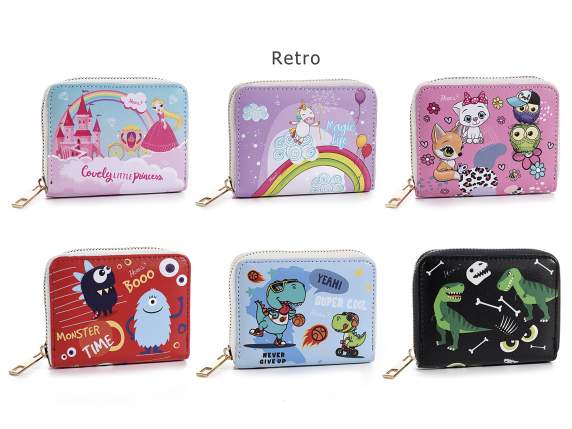 Portafoglio bimba-o in similpelle con zip e stampa Kids