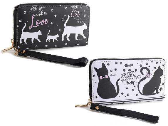 Portafoglio donna similpelle con zip, polsiera Pretty Cat