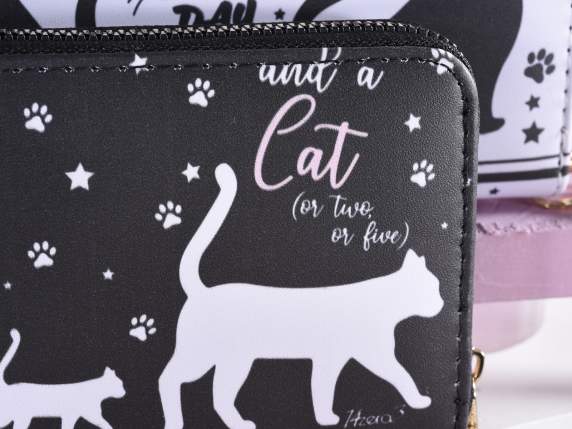 Portafoglio donna similpelle con zip, polsiera Pretty Cat