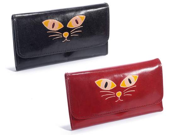 Portafoglio in pelle colorata c/incisione a gatto e bottone
