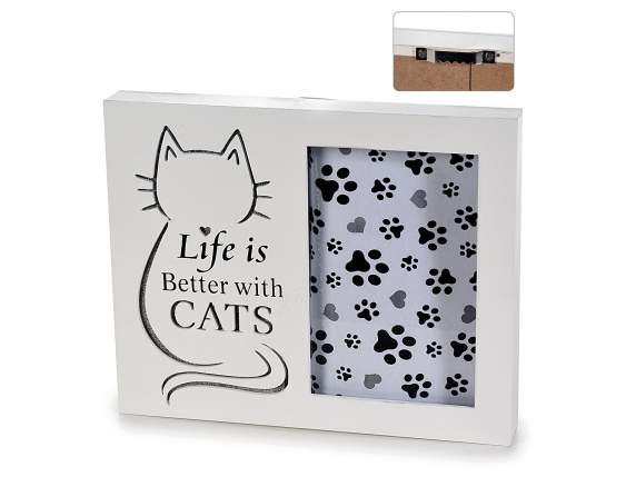 Portafoto in legno con luci e decoro gatto da appendere