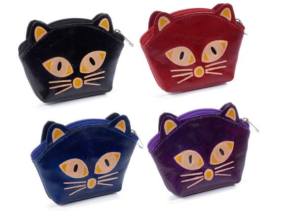 Portamonete a gatto in pelle colorata c/chiusura a cerniera