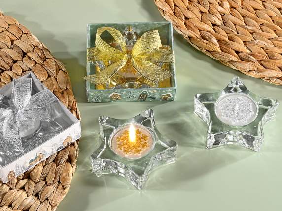 Portatealight in vetro a stella con candela decorata glitter