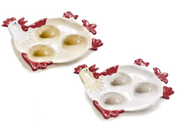 Portauovo a gallinella a 3 scomparti in ceramica colorata