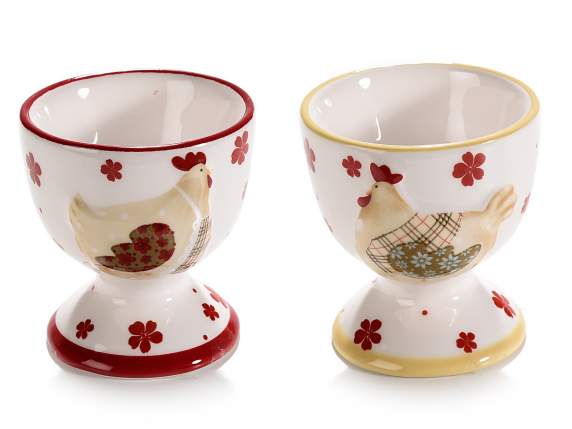 Portauovo in ceramica colorata con decoro a gallina