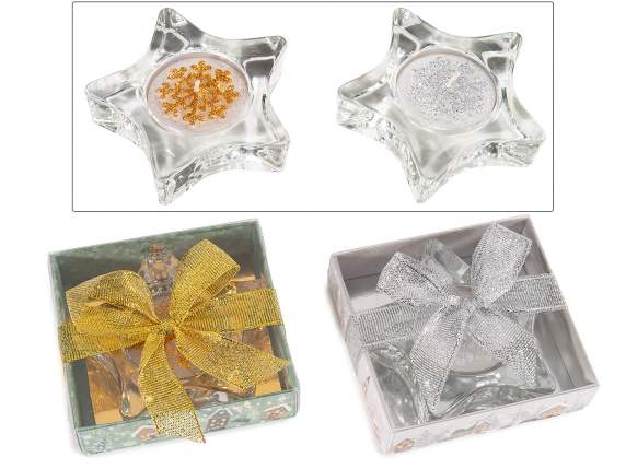 Portavelas de cristal con forma de estrella y vela decorada