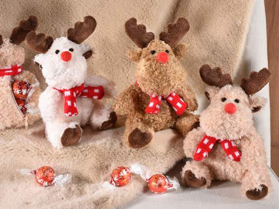 Renne en peluche douce avec poche à bonbons et écharpe