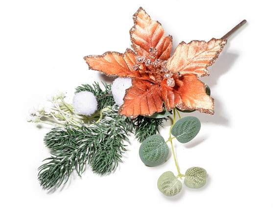 Ramo stella di Natale in velluto c/aghi pino e fiori cotone