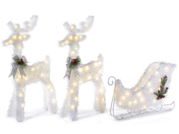 Set of 2 reindeer w - sleigh in metal with snow effect and l