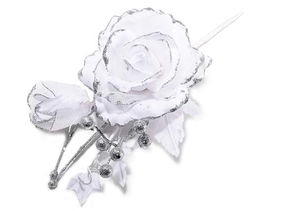 Rosa artificiale bianca e bocciolo in stoffa glitter argento