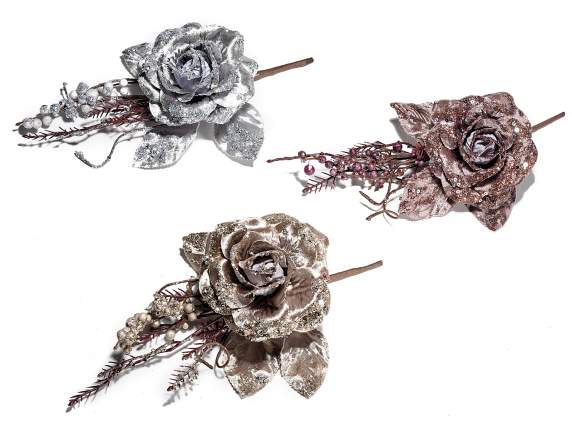 Rose arificielle en tissu avec glitter et baies