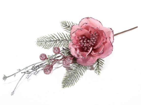 Rosa artificiale in stoffa con bordo e bacche glitterate