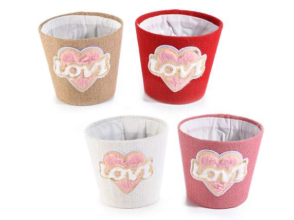 Round jute basket with sequin heart and LOVE writing