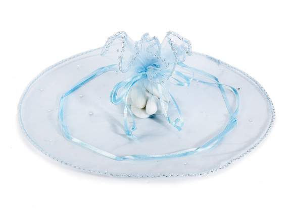Round organza tulle light blue w/strings and silver glitter