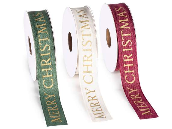 Ruban de satin de 25 mm avec imprimé Joyeux Noël doré