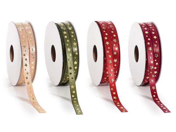 Ruban de satin de 10 mm avec étoiles dorées en relief