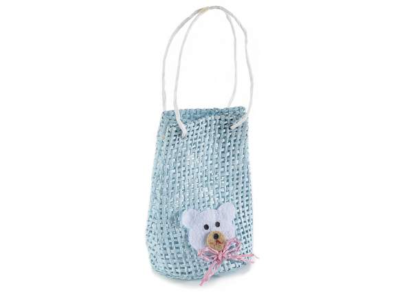 Sac en papier bleu avec poignées et appliqué ours