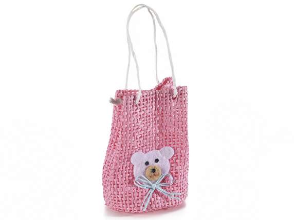 Sac en papier rose avec poignées et ours appliqué