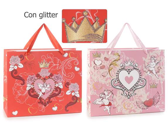 Sacchetto in carta c-stampa glitterata Cupido e manici