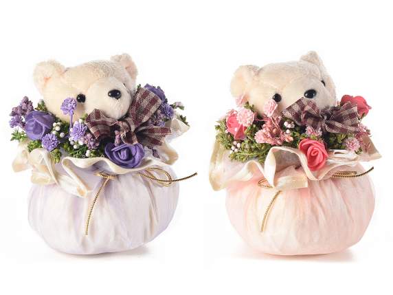 Sacchetto organza  con orsetto e fiori artificiali
