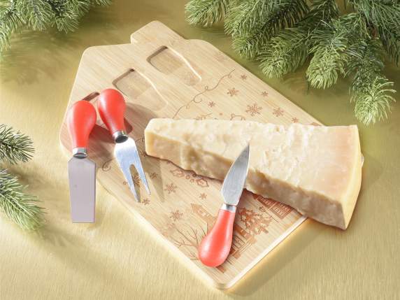 Set de brânză cu masă de tăiat din lemn decorată și 3 cuțite