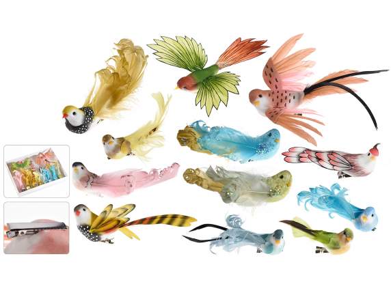 Scat. 12 uccellini dipinti a mano c/coda piume vere e clip