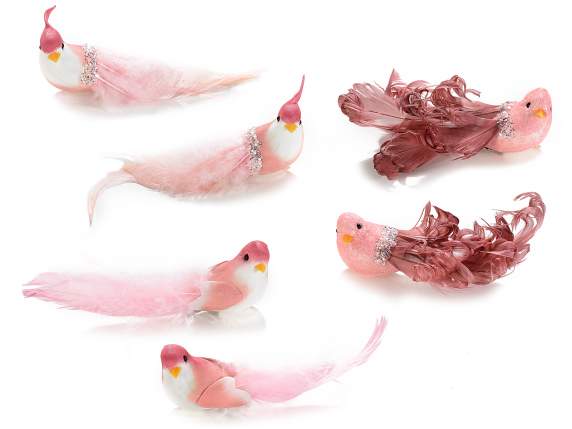 Scat. 6 hand painted birds w / tail of real feathers and cli