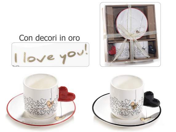 Scatola 2 tazzine e piattini in porcellana con decori oro