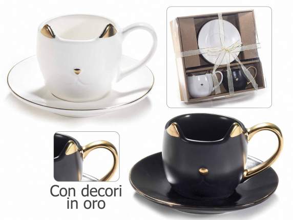 Scatola 2 tazzine gatto e piattini porcellana c/dettagli oro