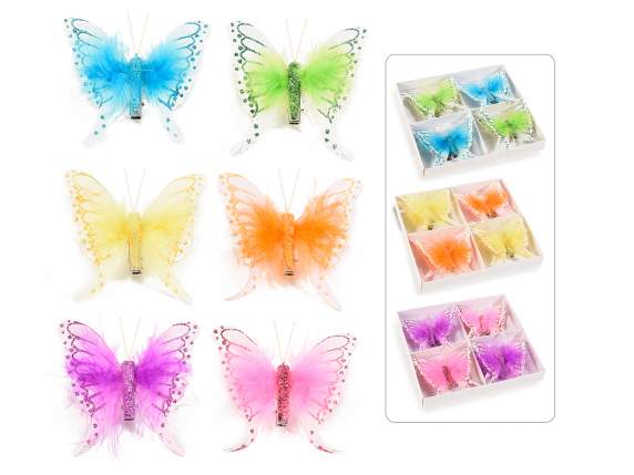 Scatola 8 farfalle colori assortiti c/piume vere e clip