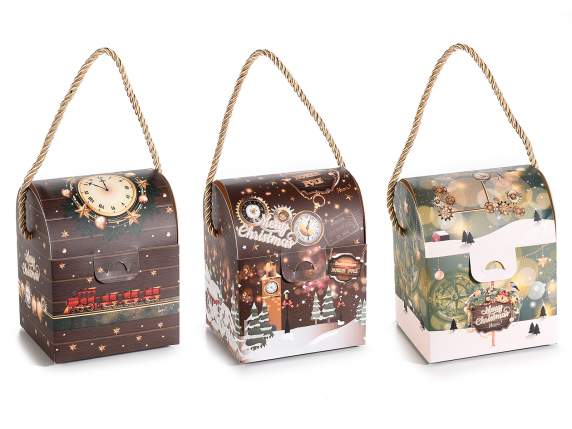 Scatola bauletto in carta Xmas Time con manici in corda