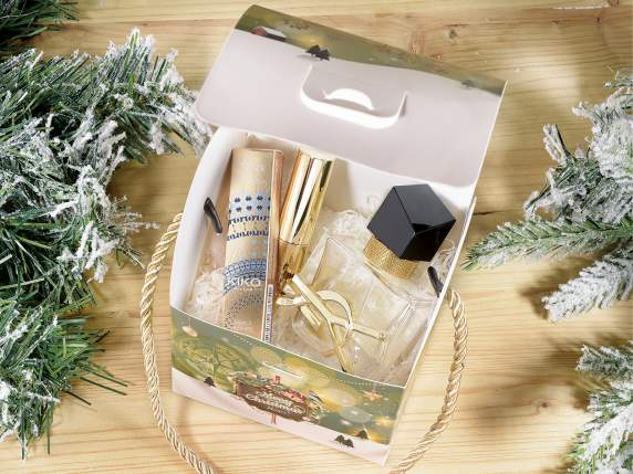 Scatola bauletto in carta Xmas Time con manici in corda