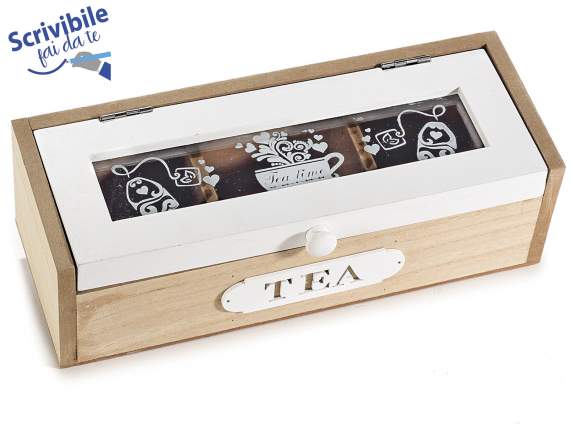 Scatola del té  in legno a 3 scomparti con vetro decorato