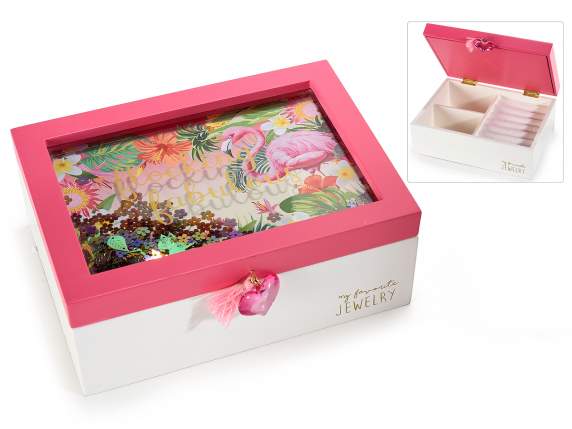 Scatola legno portagioie c/coperchio in vetro e decori