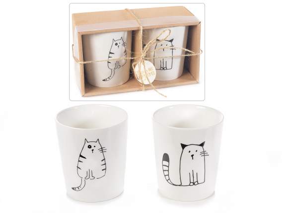 Scatola regalo c/2 bicchieri in porcellana e decoro gatto