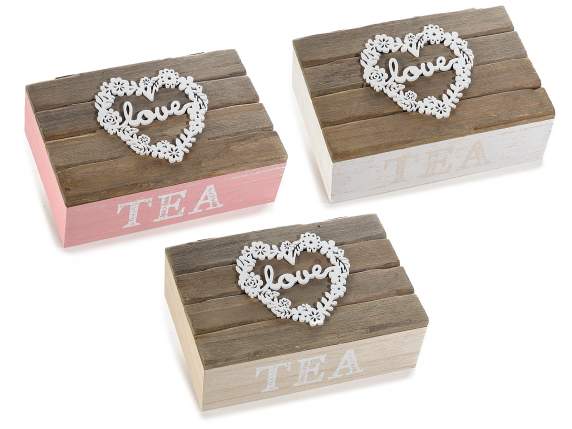Scatola tè in legno con decori cuore 
