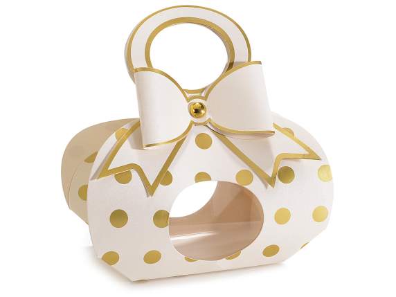 Scatola bauletto carta a pois oro con manico e finestra