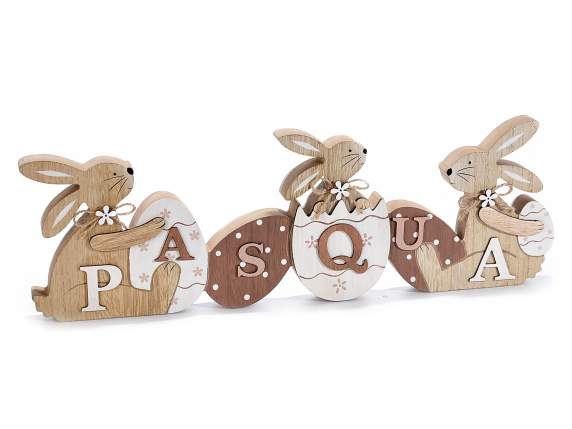Scritta Pasqua in legno naturale con uova e coniglietti