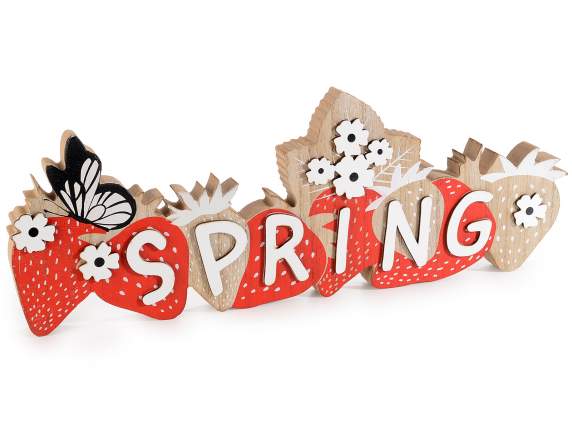 Scritta Spring in legno colorato con fragole e fiori