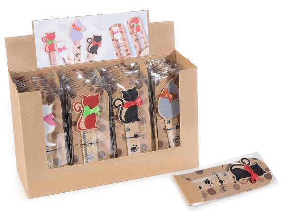 Segnalibro a righello 'Un gatto coi fiocchi' legno in espo