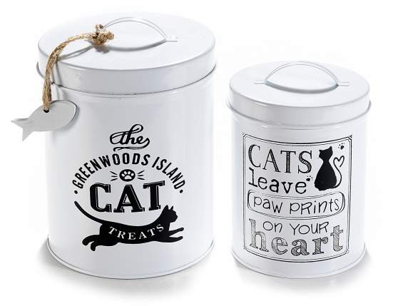 Set 2 barattoli in metallo bianco smaltato e decori 