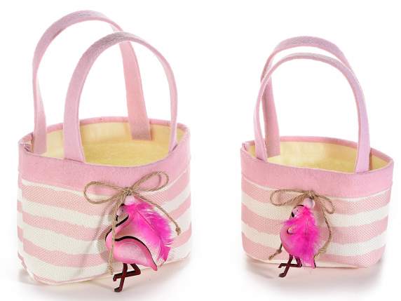 Set 2 borsette in stoffa e panno con decoro a fenicottero
